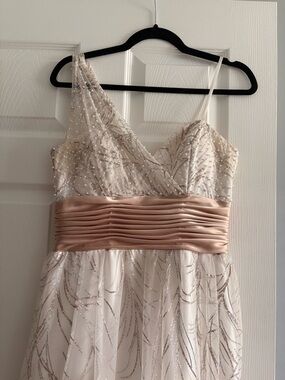 Cache One-Shoulder White Beaded Gown with blush Sash